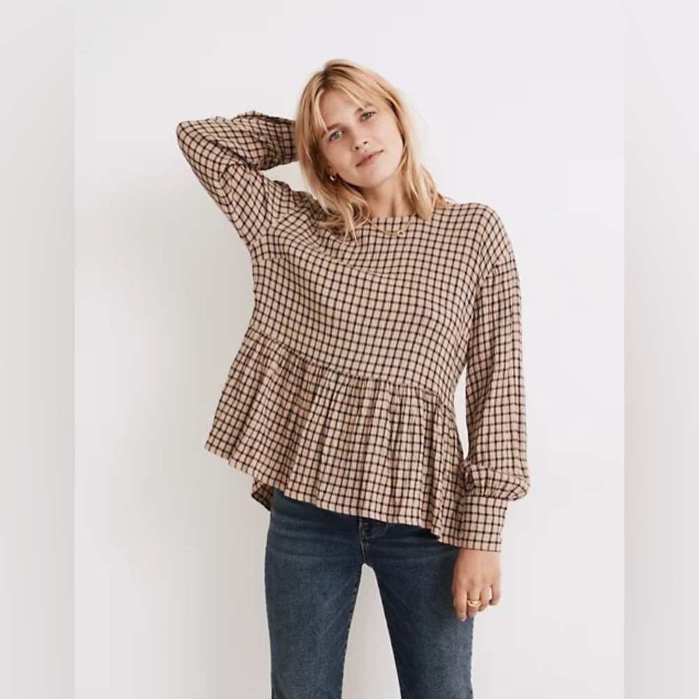 Madewell Button-Back Peplum Top in Mini Windowpane